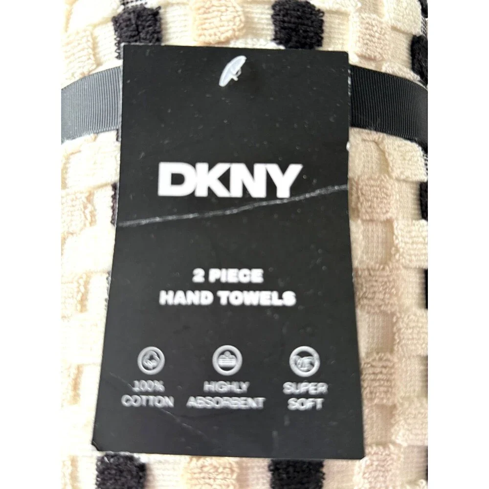 DKNY Hand Towels Set of 2 Black Beige White Check 100% Cotton 16x28 Super Soft